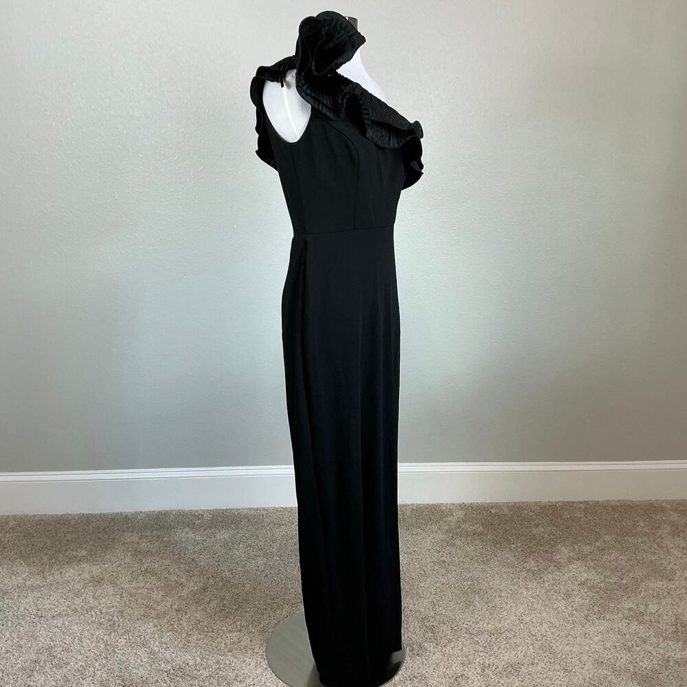 XSCAPE Black Evening Gown Pleated Ruffle One Shoulder Formal Column Dress Size 6 - Picture 3 of 12